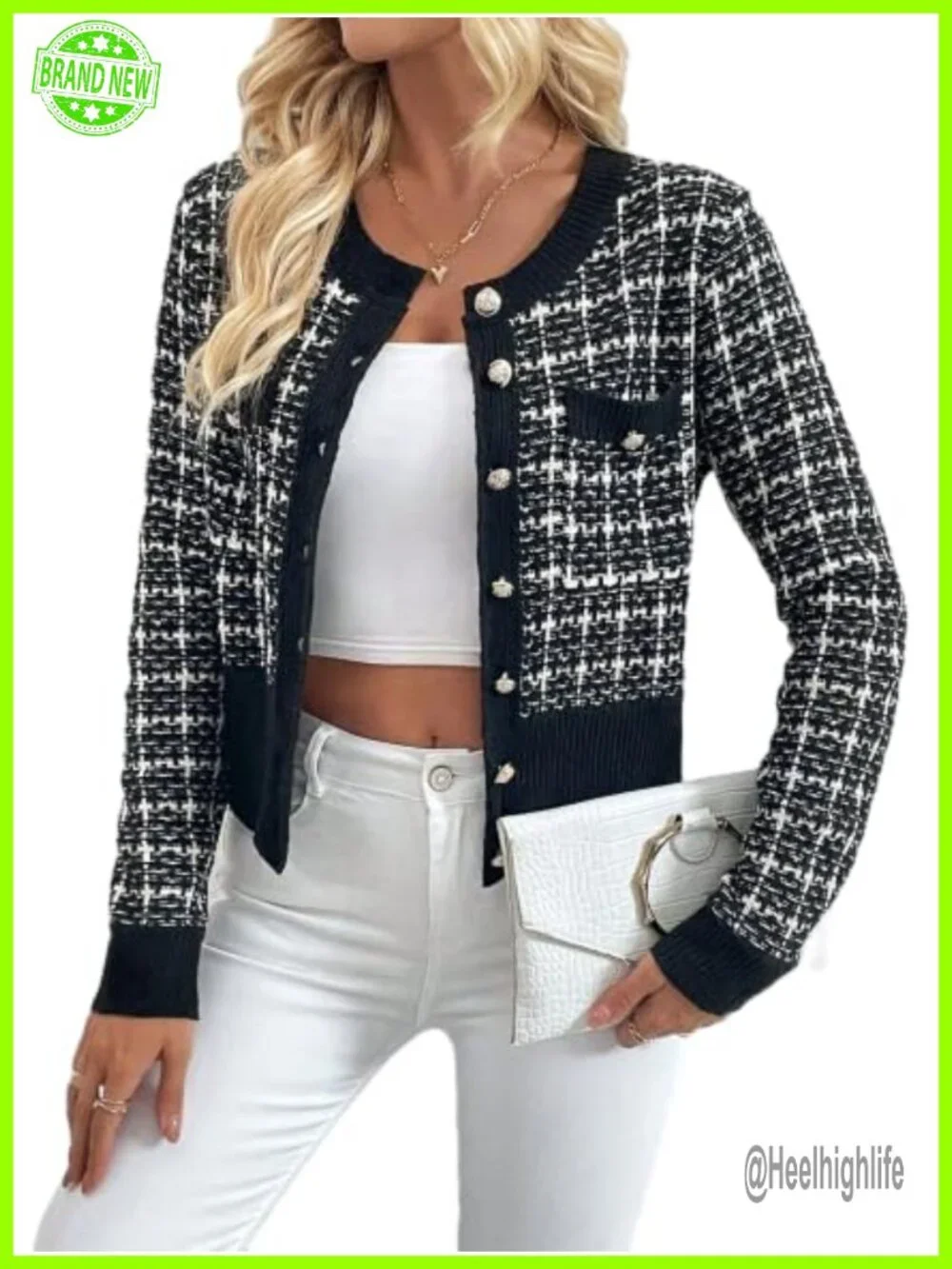 Tweed Plaid Cardigan Blazer Button Front Long Sleeve Knit Jacket